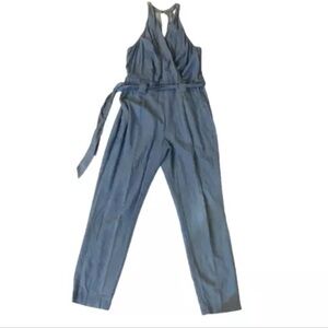 Express Women's Blue Denim Chambray Jumpsuit siz 8 Wrap Sleeveless Halter Belted